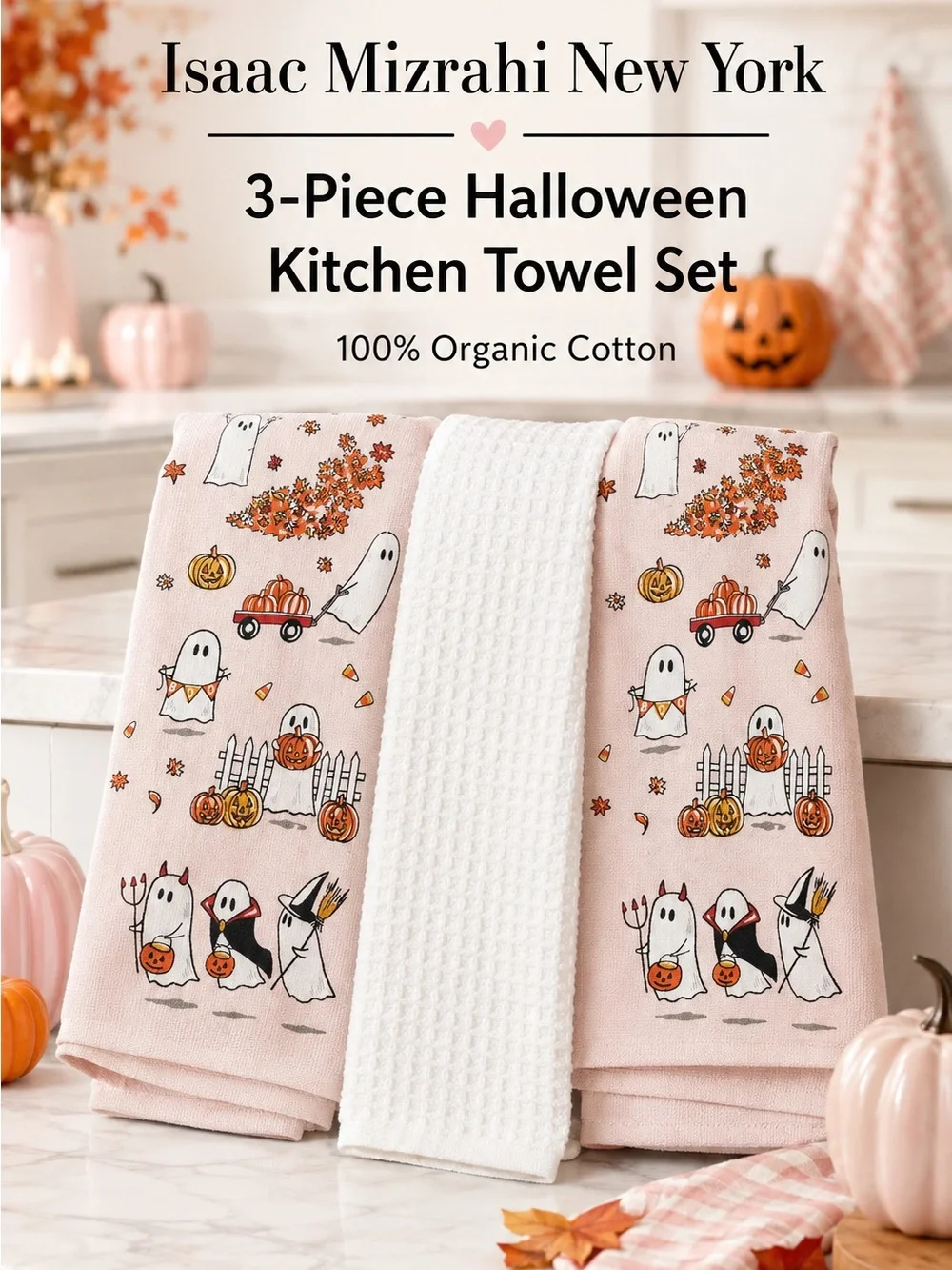 Isaac Mizrahi Pink Halloween Ghost & Pumpkin 3-Piece Kitchen Towel Set